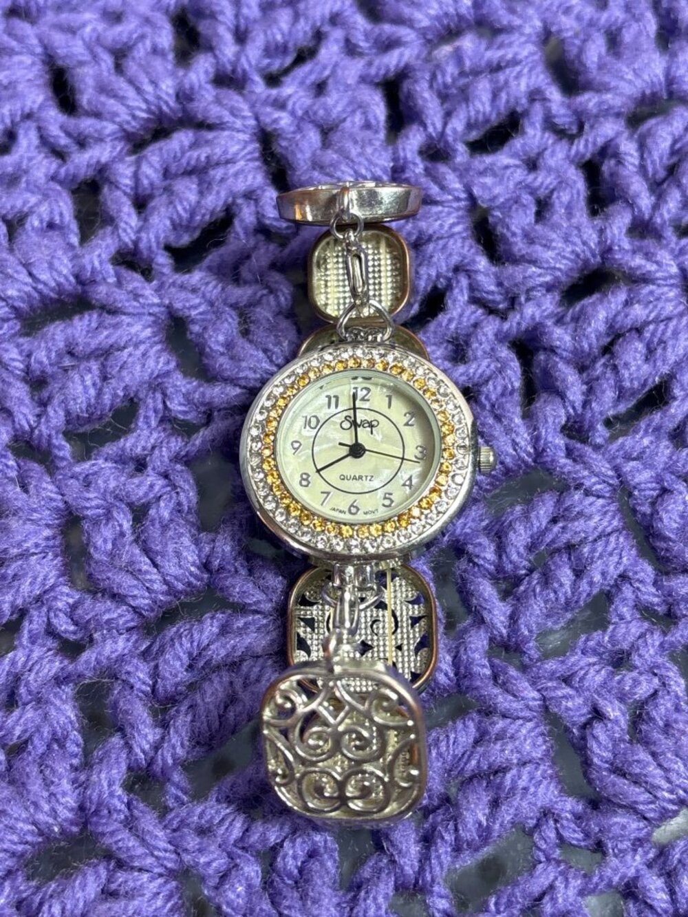 Swap Watch Quartz Mother of Pearl Face Rhinestone Overall Wear Missing Rhineston